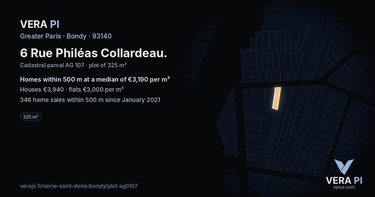 6 Rue Philéas Collardeau, Bondy at night – the plot lit, the parcels around coloured by the prices near them