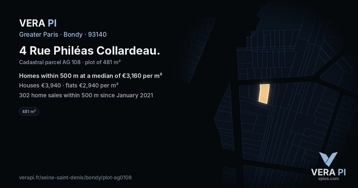 4 Rue Philéas Collardeau, Bondy at night – the plot lit, the parcels around coloured by the prices near them