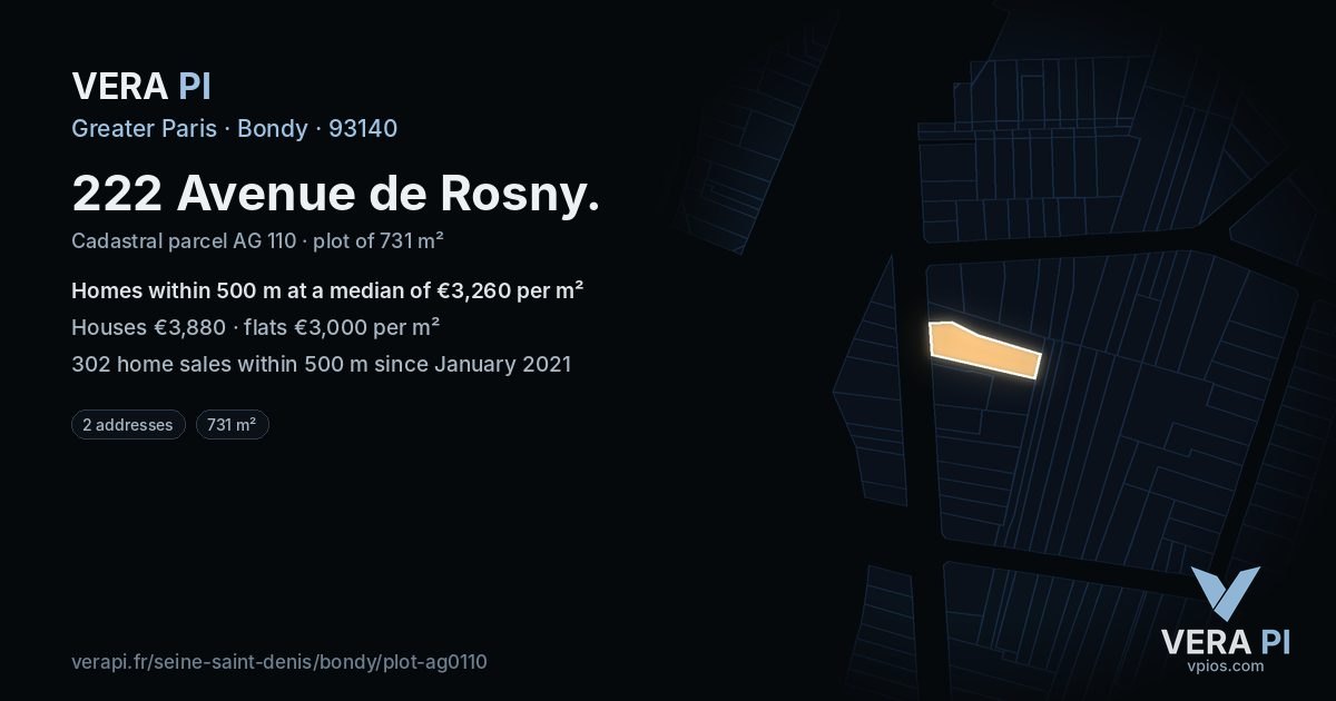 222 Avenue de Rosny, Bondy at night – the plot lit, the parcels around coloured by the prices near them