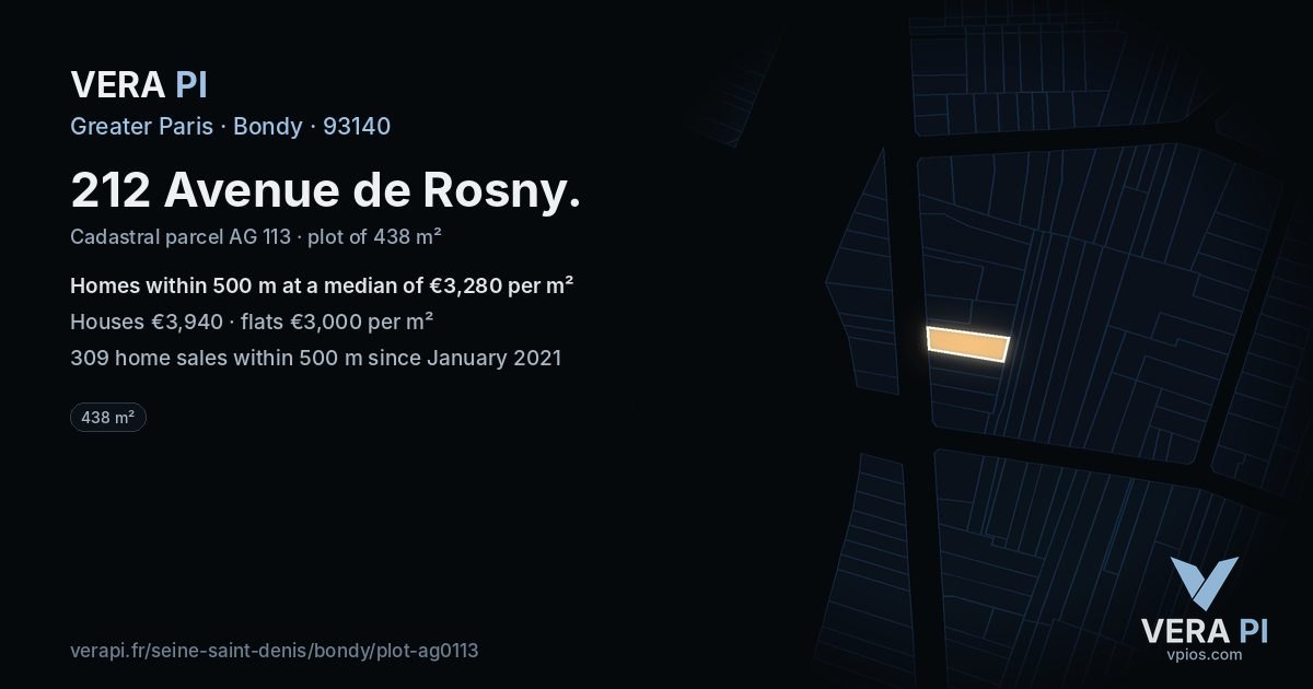 212 Avenue de Rosny, Bondy at night – the plot lit, the parcels around coloured by the prices near them
