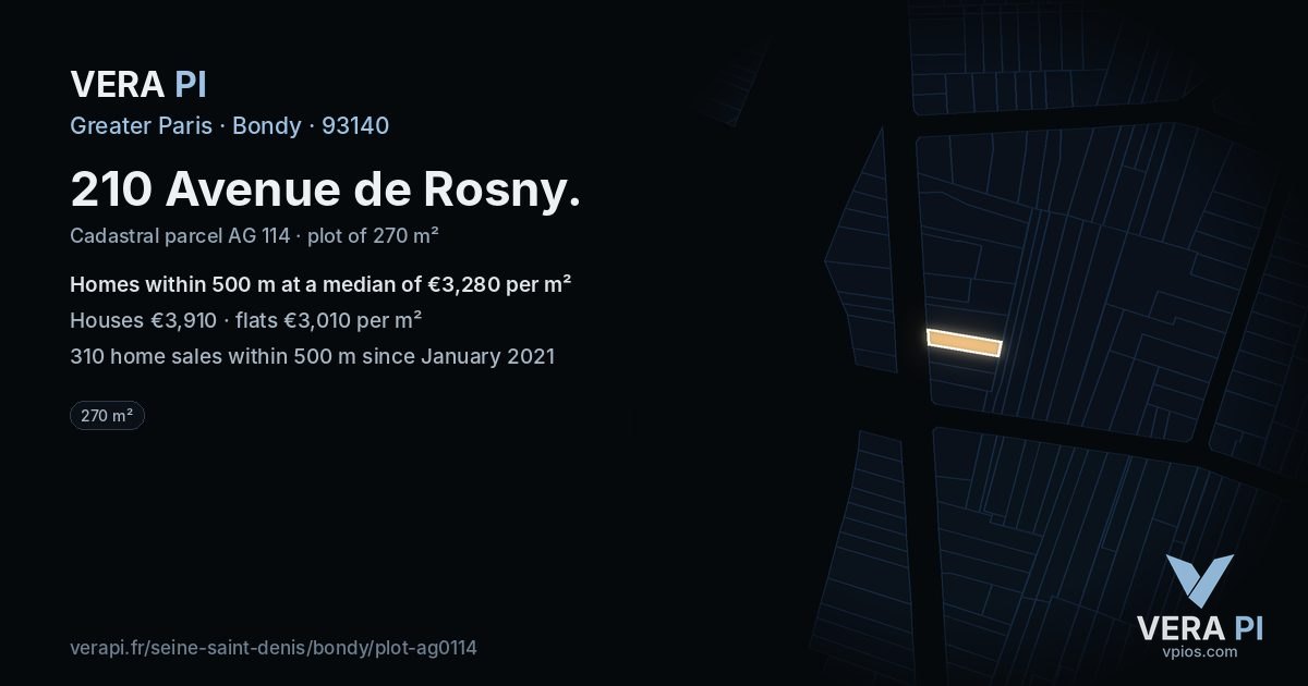 210 Avenue de Rosny, Bondy at night – the plot lit, the parcels around coloured by the prices near them
