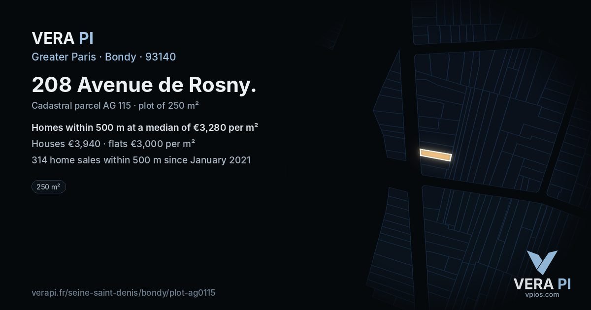 208 Avenue de Rosny, Bondy at night – the plot lit, the parcels around coloured by the prices near them