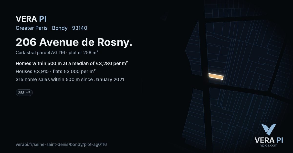 206 Avenue de Rosny, Bondy at night – the plot lit, the parcels around coloured by the prices near them