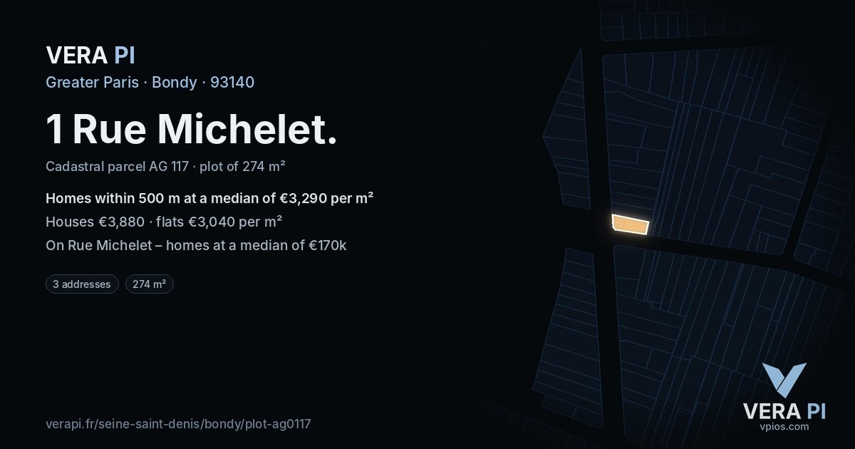 1 Rue Michelet, Bondy at night – the plot lit, the parcels around coloured by the prices near them