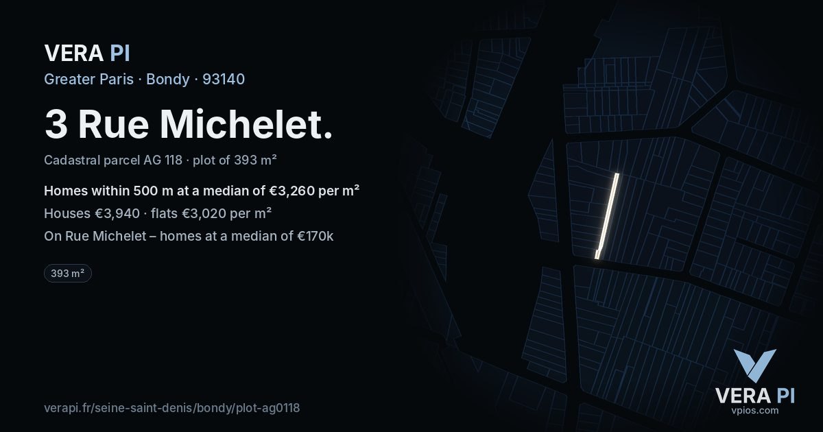 3 Rue Michelet, Bondy at night – the plot lit, the parcels around coloured by the prices near them