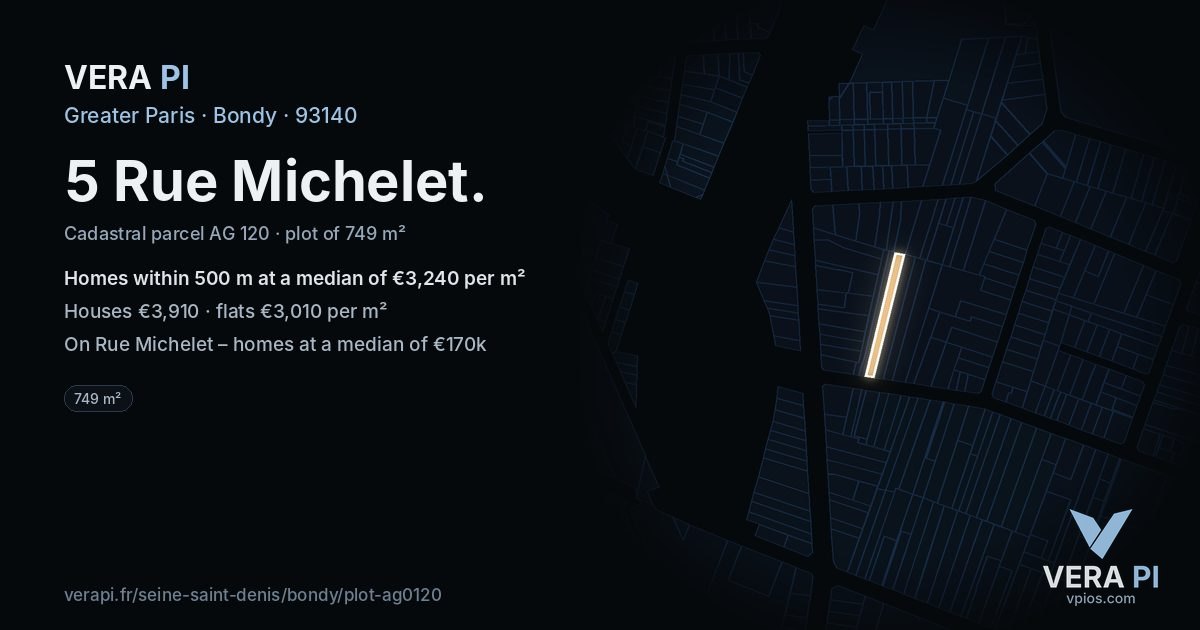 5 Rue Michelet, Bondy at night – the plot lit, the parcels around coloured by the prices near them