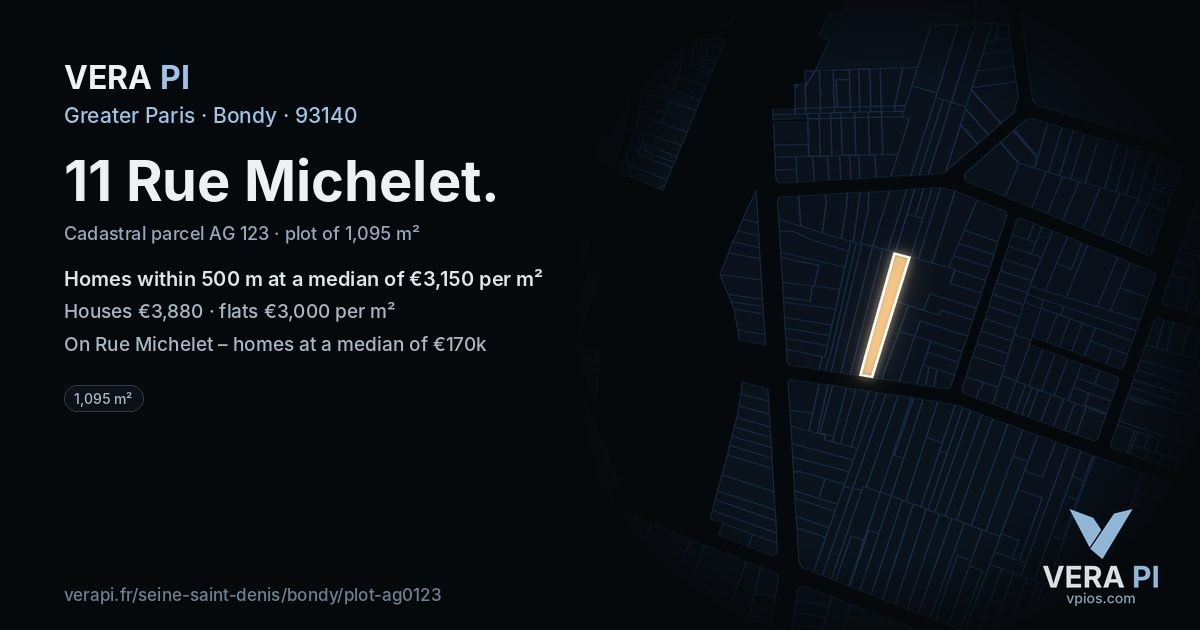 11 Rue Michelet, Bondy at night – the plot lit, the parcels around coloured by the prices near them