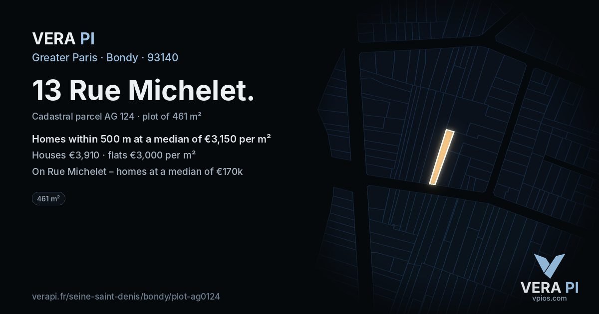 13 Rue Michelet, Bondy at night – the plot lit, the parcels around coloured by the prices near them