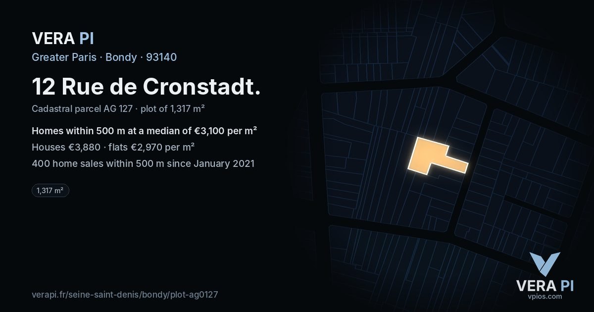 12 Rue de Cronstadt, Bondy at night – the plot lit, the parcels around coloured by the prices near them