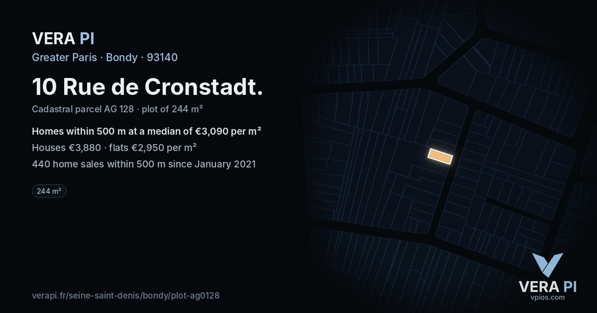 10 Rue de Cronstadt, Bondy at night – the plot lit, the parcels around coloured by the prices near them