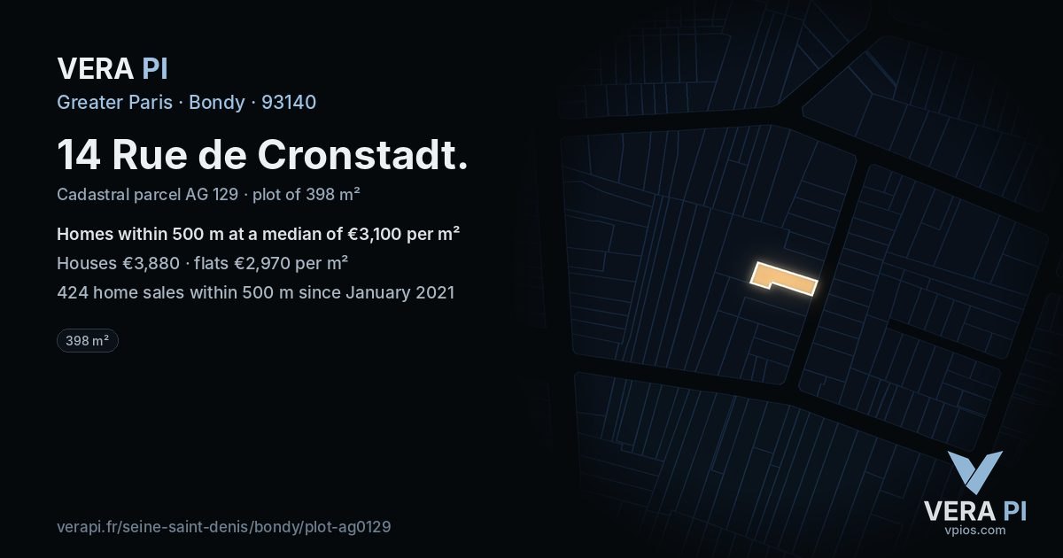 14 Rue de Cronstadt, Bondy at night – the plot lit, the parcels around coloured by the prices near them