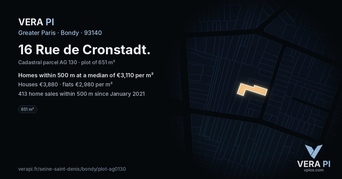 16 Rue de Cronstadt, Bondy at night – the plot lit, the parcels around coloured by the prices near them