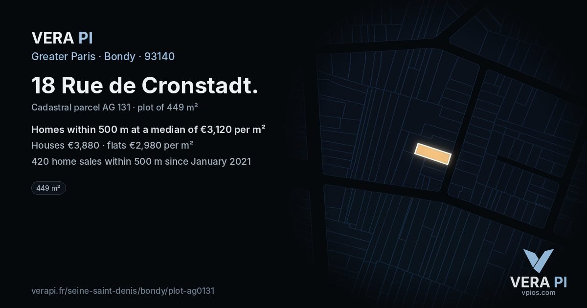 18 Rue de Cronstadt, Bondy at night – the plot lit, the parcels around coloured by the prices near them