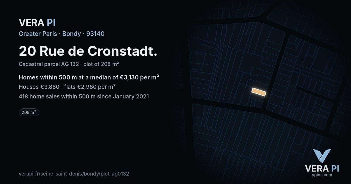 20 Rue de Cronstadt, Bondy at night – the plot lit, the parcels around coloured by the prices near them