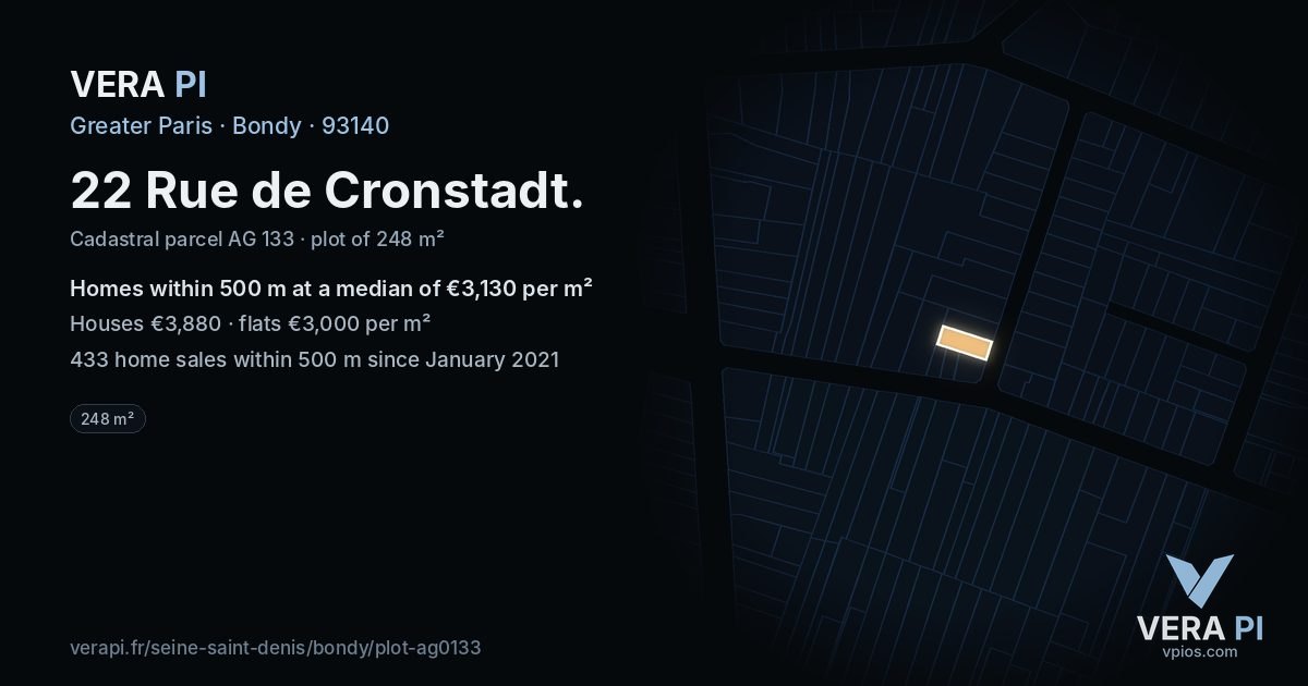 22 Rue de Cronstadt, Bondy at night – the plot lit, the parcels around coloured by the prices near them