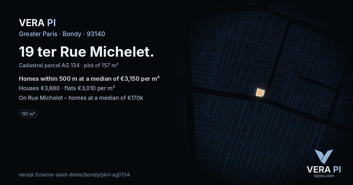 19 ter Rue Michelet, Bondy at night – the plot lit, the parcels around coloured by the prices near them