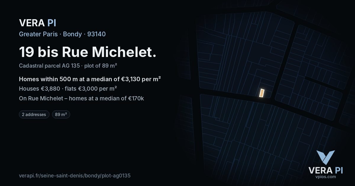 19 bis Rue Michelet, Bondy at night – the plot lit, the parcels around coloured by the prices near them