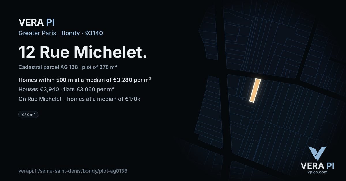 12 Rue Michelet, Bondy at night – the plot lit, the parcels around coloured by the prices near them