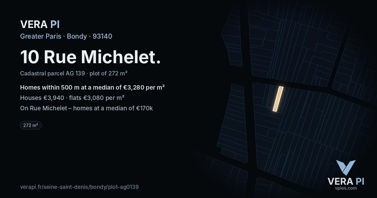 10 Rue Michelet, Bondy at night – the plot lit, the parcels around coloured by the prices near them