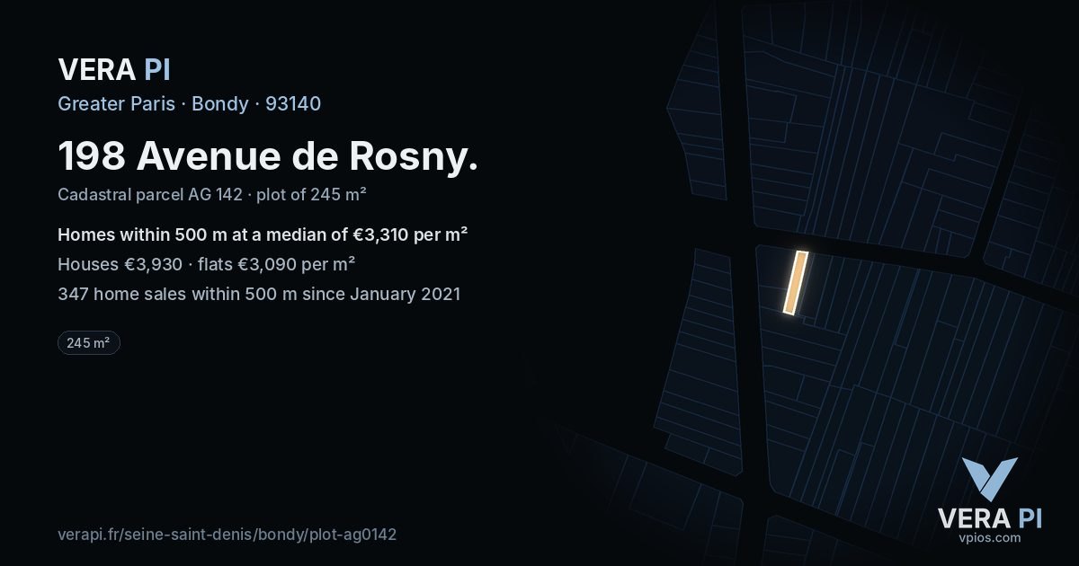 198 Avenue de Rosny, Bondy at night – the plot lit, the parcels around coloured by the prices near them