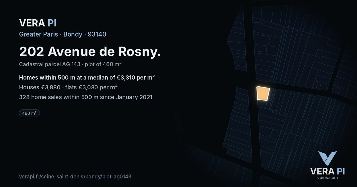 202 Avenue de Rosny, Bondy at night – the plot lit, the parcels around coloured by the prices near them