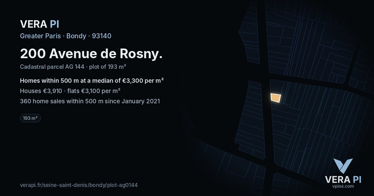 200 Avenue de Rosny, Bondy at night – the plot lit, the parcels around coloured by the prices near them