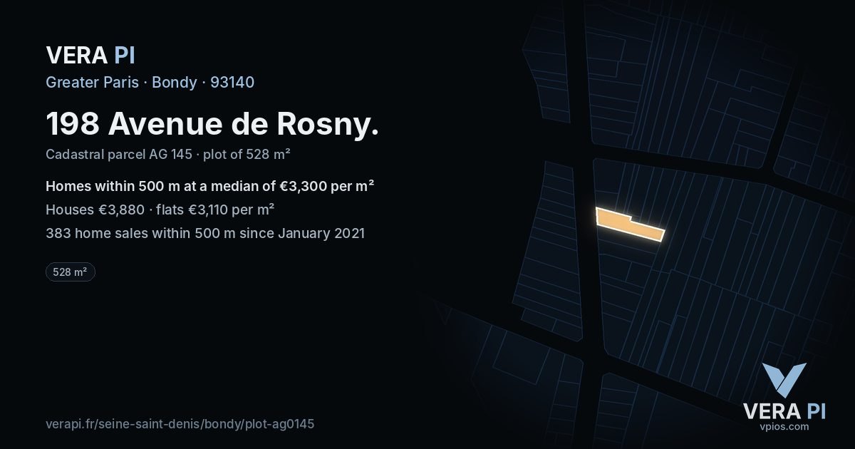 198 Avenue de Rosny, Bondy at night – the plot lit, the parcels around coloured by the prices near them