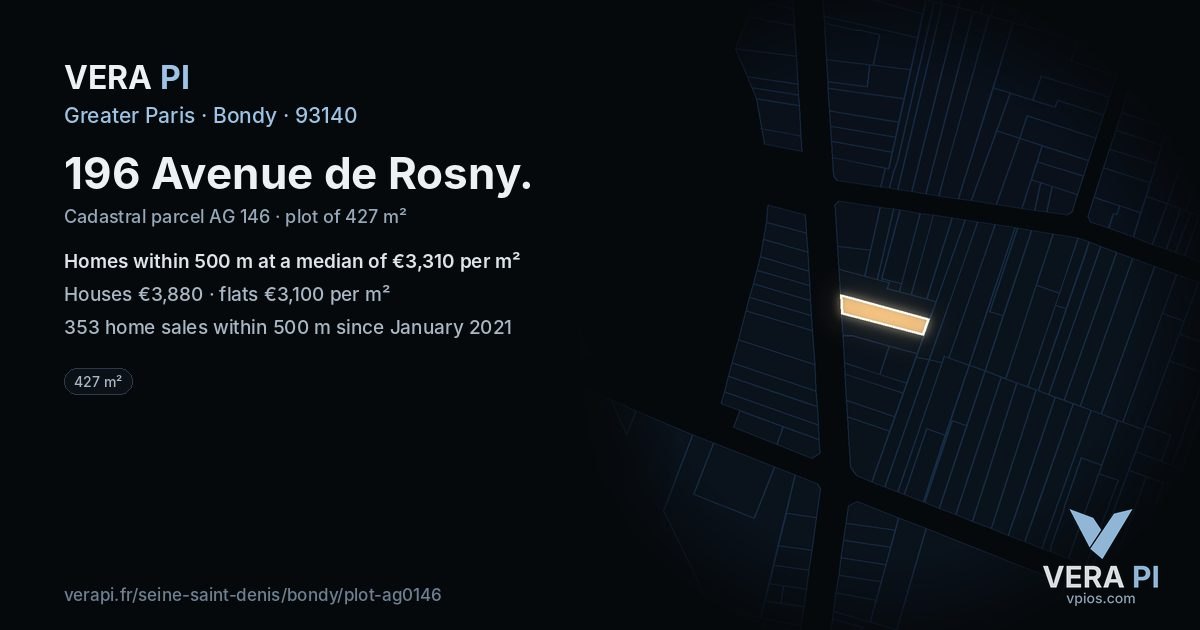 196 Avenue de Rosny, Bondy at night – the plot lit, the parcels around coloured by the prices near them