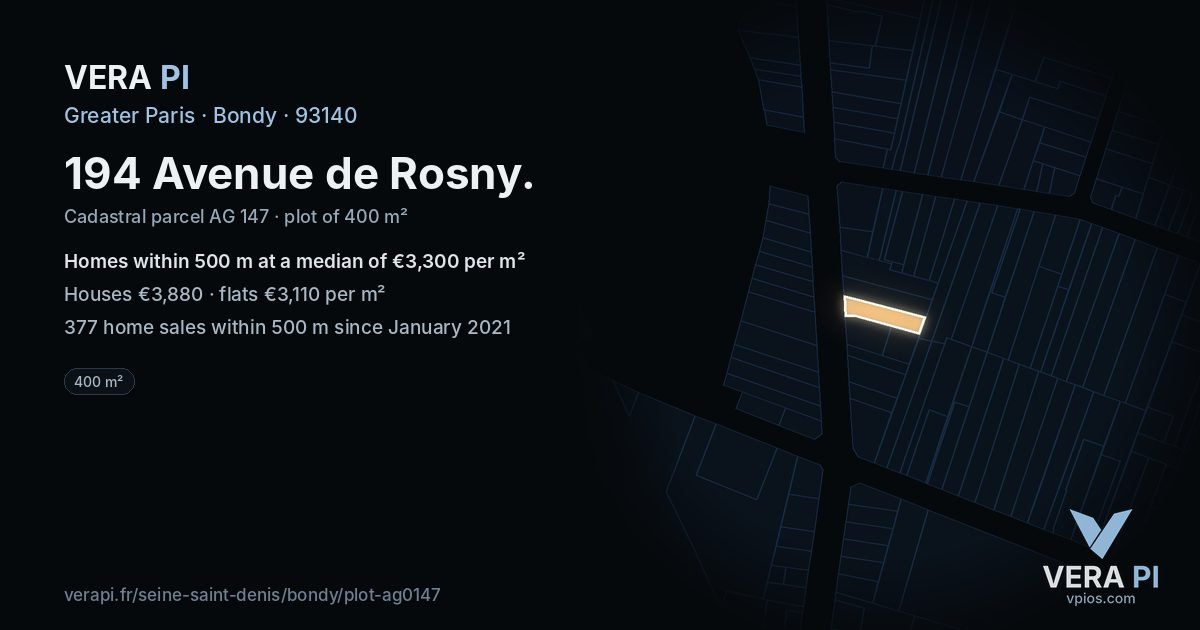194 Avenue de Rosny, Bondy at night – the plot lit, the parcels around coloured by the prices near them