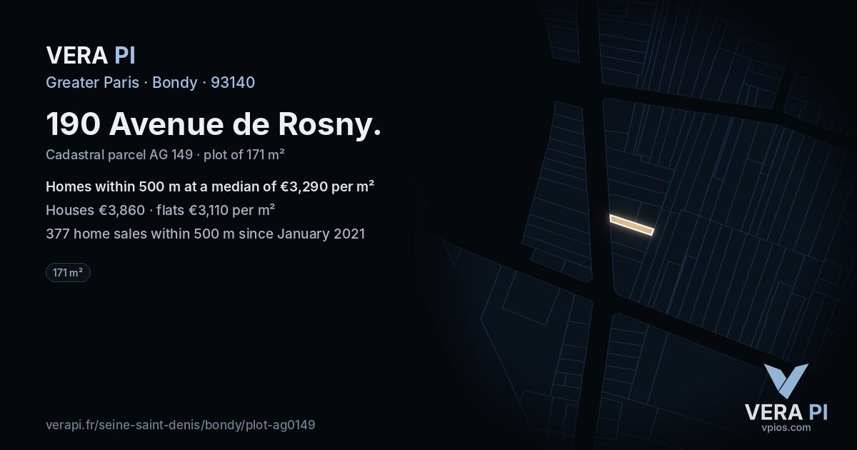 190 Avenue de Rosny, Bondy at night – the plot lit, the parcels around coloured by the prices near them