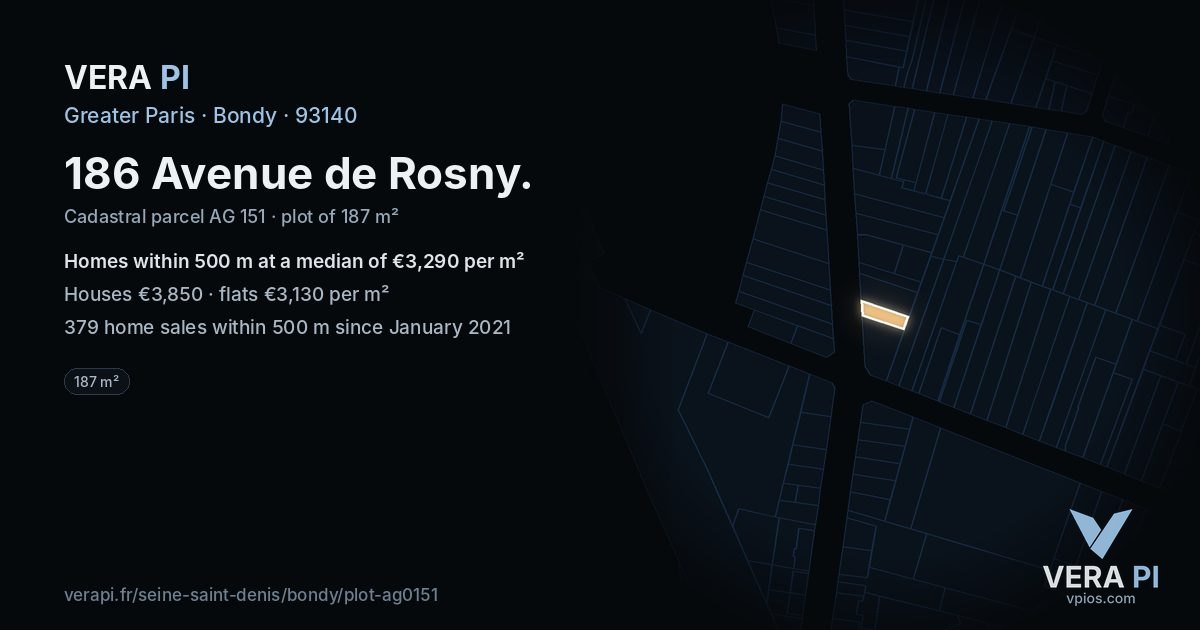 186 Avenue de Rosny, Bondy at night – the plot lit, the parcels around coloured by the prices near them