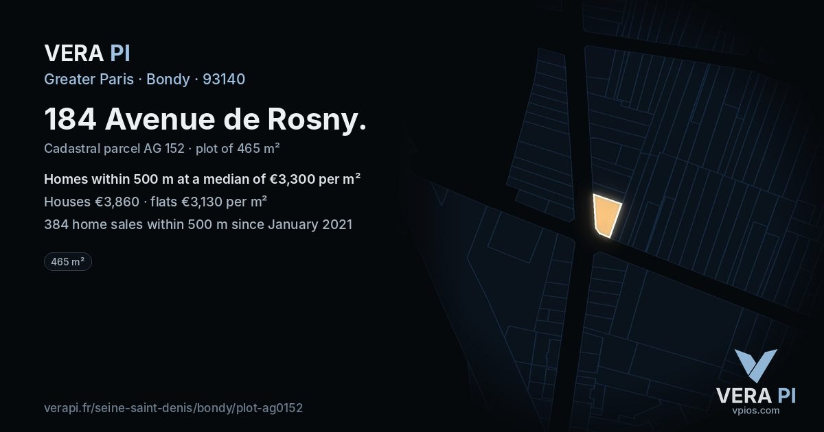 184 Avenue de Rosny, Bondy at night – the plot lit, the parcels around coloured by the prices near them