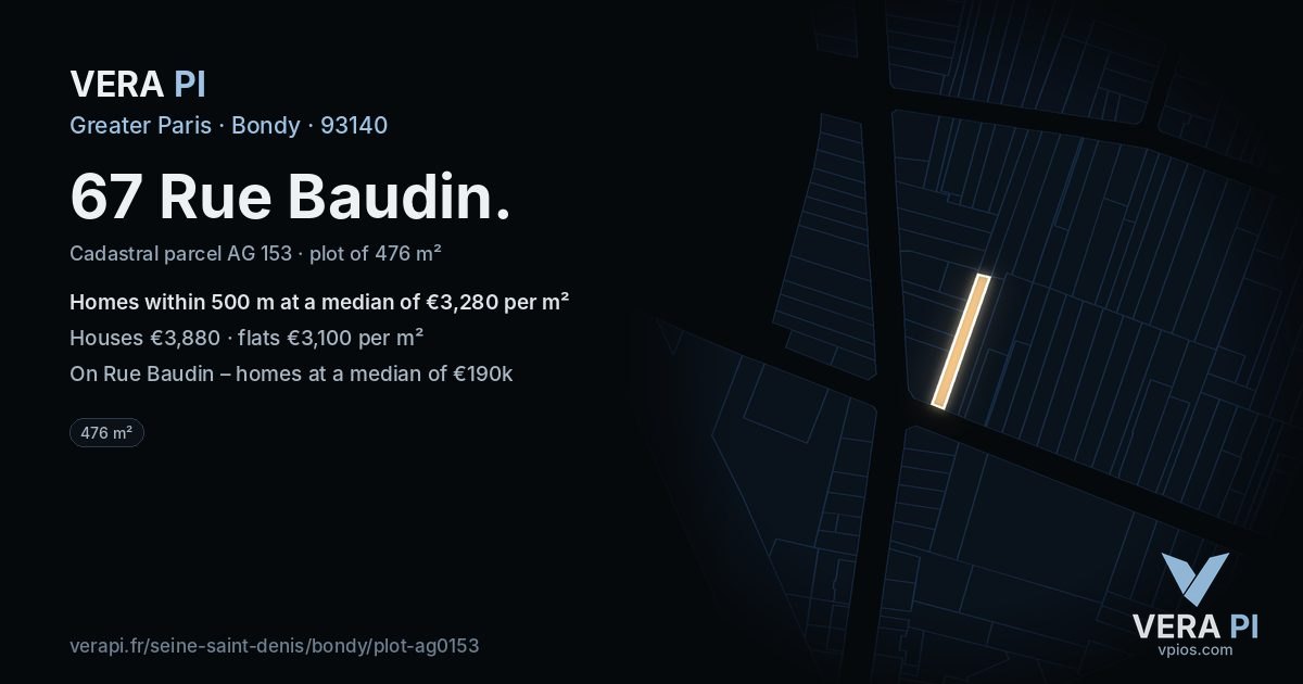 67 Rue Baudin, Bondy at night – the plot lit, the parcels around coloured by the prices near them