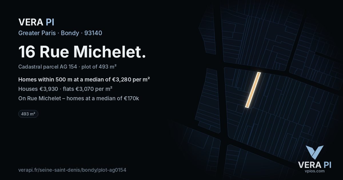 16 Rue Michelet, Bondy at night – the plot lit, the parcels around coloured by the prices near them