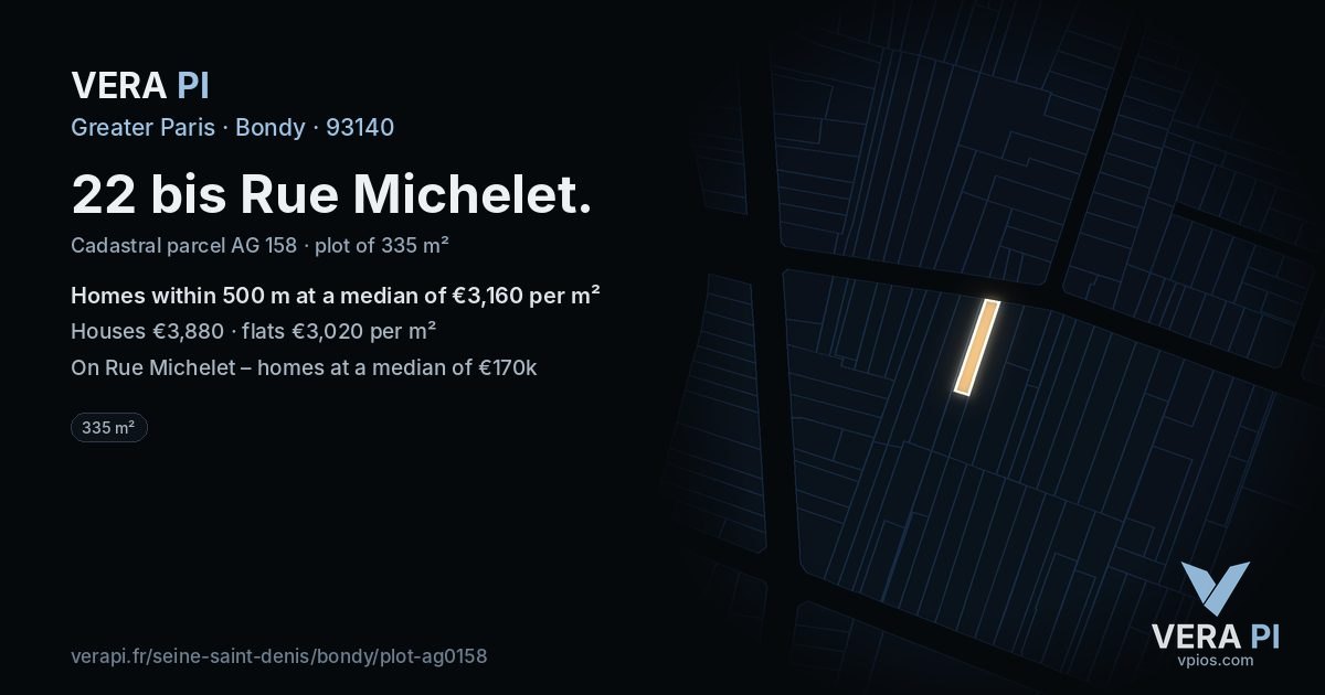 22 bis Rue Michelet, Bondy at night – the plot lit, the parcels around coloured by the prices near them