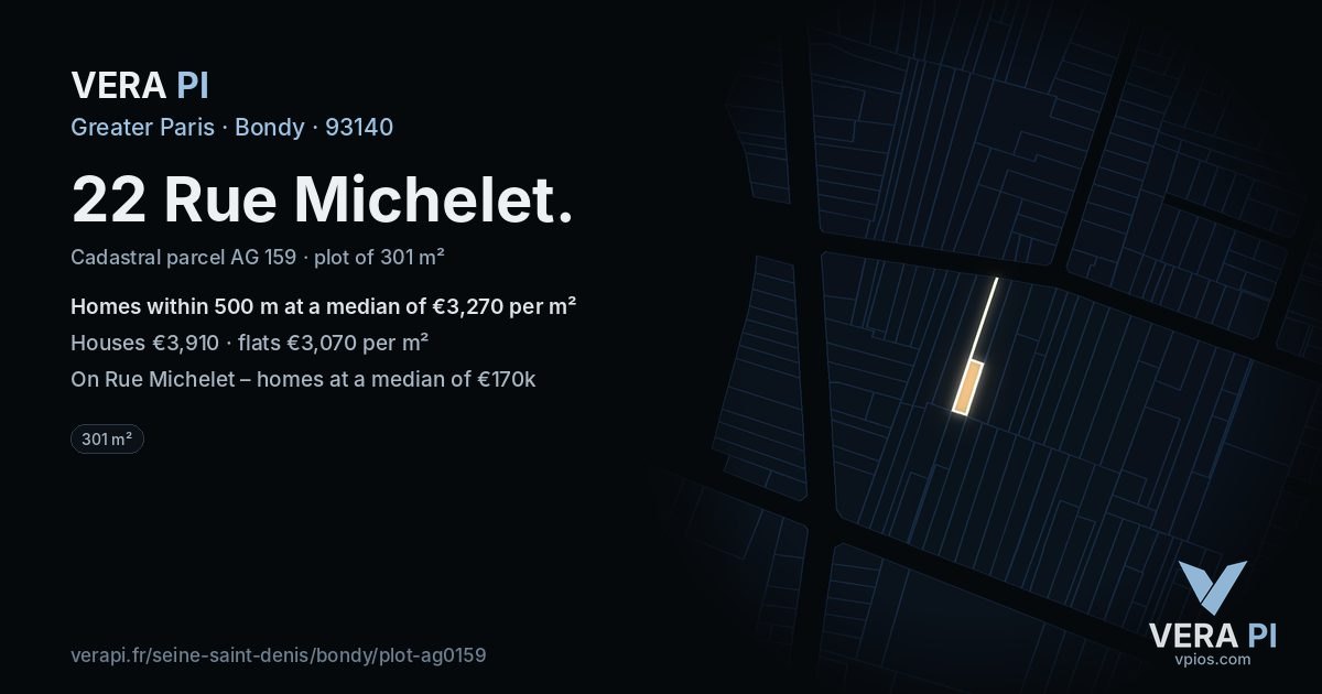22 Rue Michelet, Bondy at night – the plot lit, the parcels around coloured by the prices near them