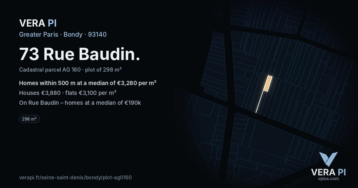 73 Rue Baudin, Bondy at night – the plot lit, the parcels around coloured by the prices near them