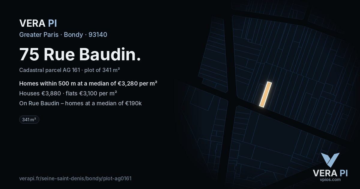 75 Rue Baudin, Bondy at night – the plot lit, the parcels around coloured by the prices near them