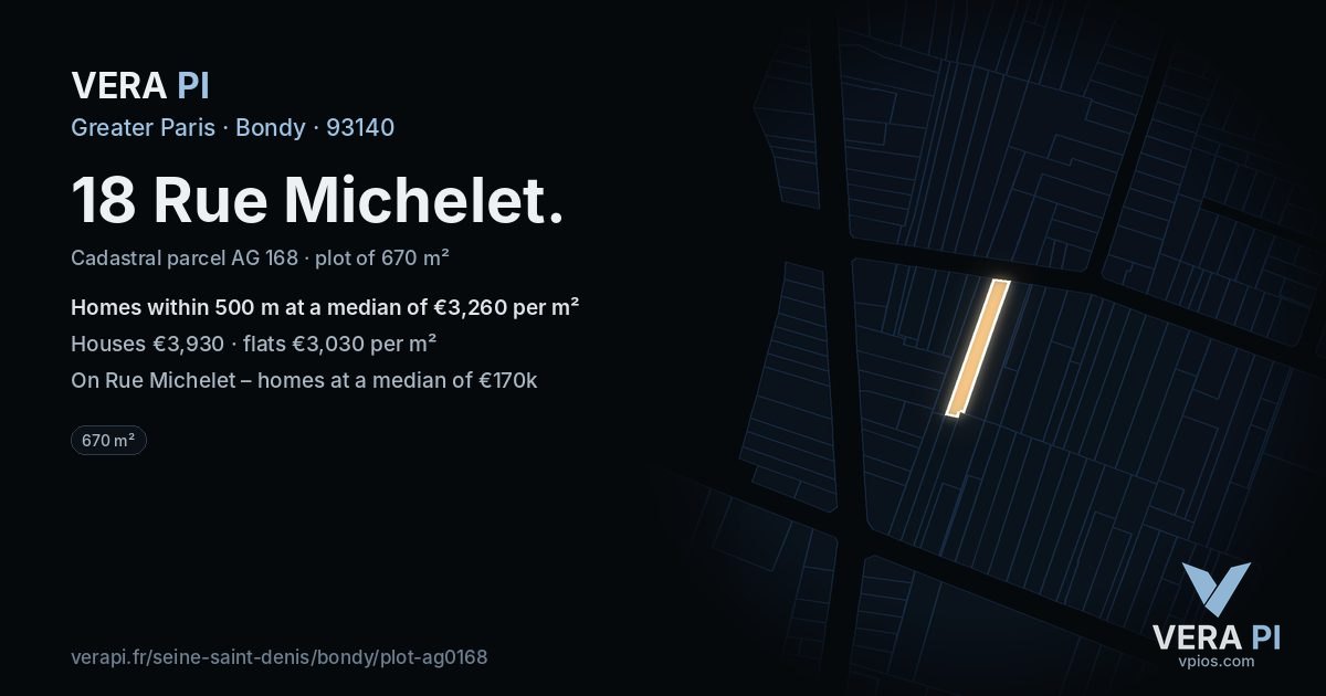 18 Rue Michelet, Bondy at night – the plot lit, the parcels around coloured by the prices near them
