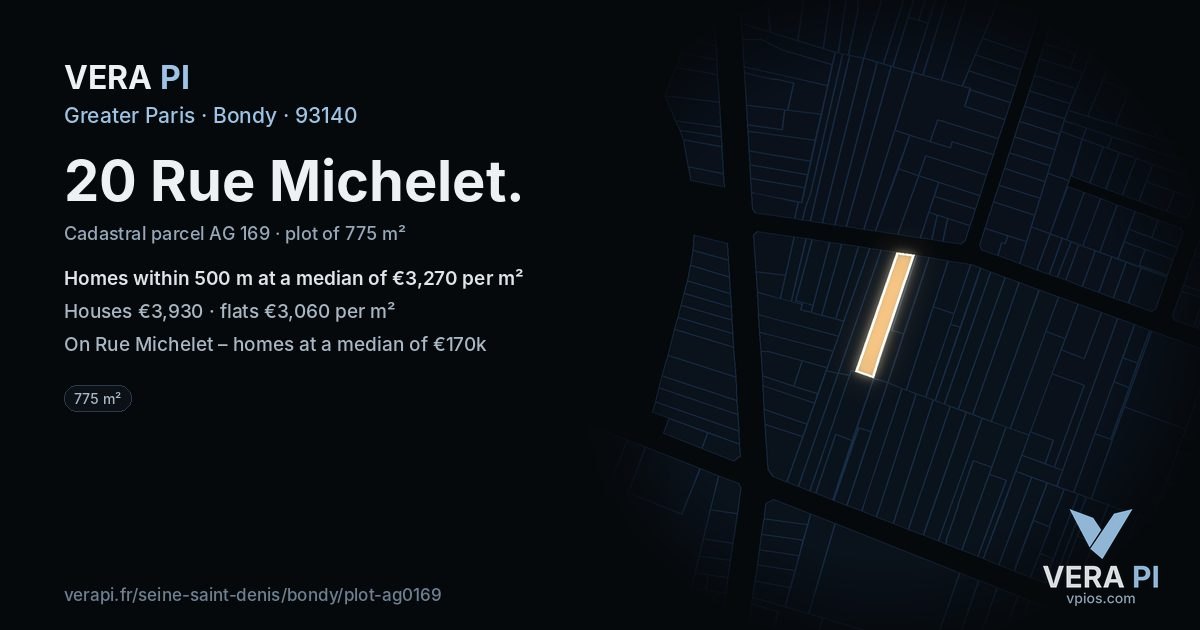 20 Rue Michelet, Bondy at night – the plot lit, the parcels around coloured by the prices near them