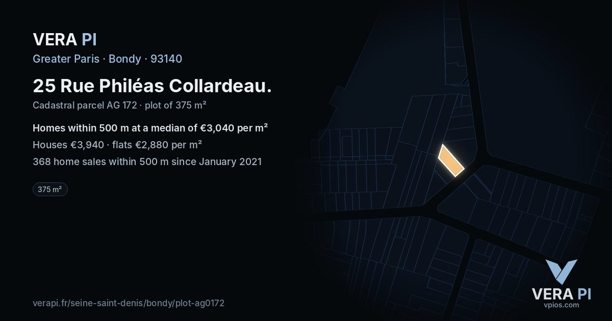 25 Rue Philéas Collardeau, Bondy at night – the plot lit, the parcels around coloured by the prices near them
