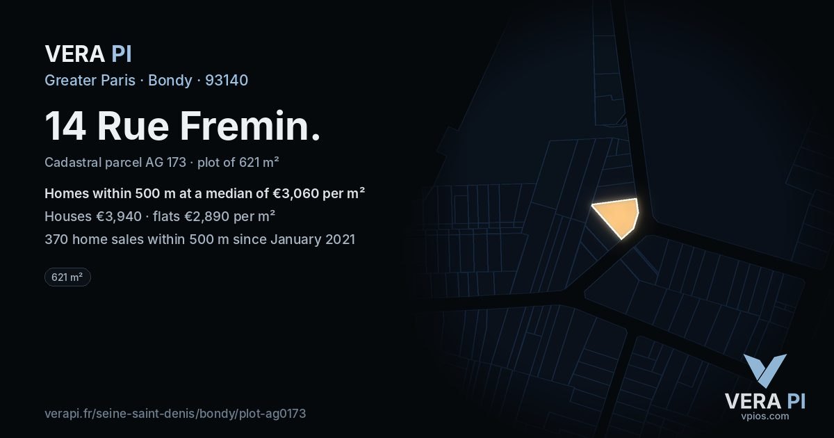 14 Rue Fremin, Bondy at night – the plot lit, the parcels around coloured by the prices near them