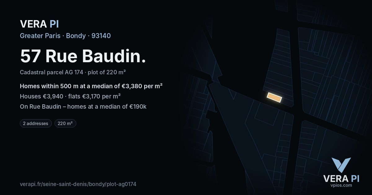 57 Rue Baudin, Bondy at night – the plot lit, the parcels around coloured by the prices near them