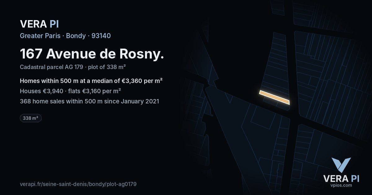 167 Avenue de Rosny, Bondy at night – the plot lit, the parcels around coloured by the prices near them