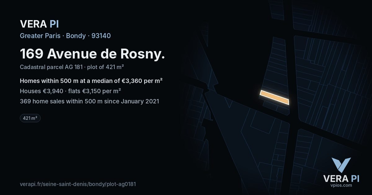 169 Avenue de Rosny, Bondy at night – the plot lit, the parcels around coloured by the prices near them