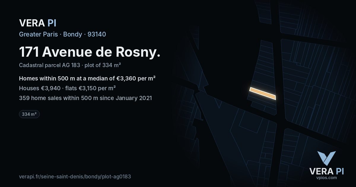 171 Avenue de Rosny, Bondy at night – the plot lit, the parcels around coloured by the prices near them