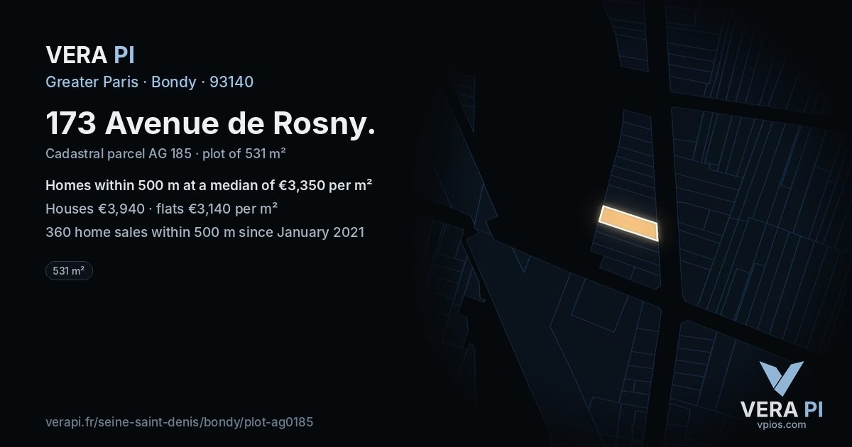 173 Avenue de Rosny, Bondy at night – the plot lit, the parcels around coloured by the prices near them