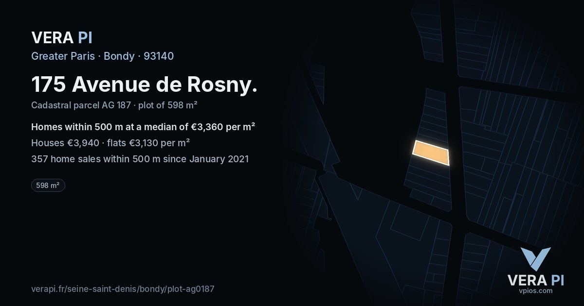 175 Avenue de Rosny, Bondy at night – the plot lit, the parcels around coloured by the prices near them