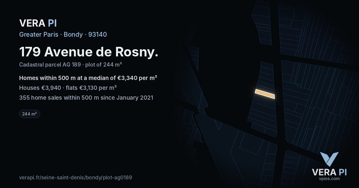179 Avenue de Rosny, Bondy at night – the plot lit, the parcels around coloured by the prices near them