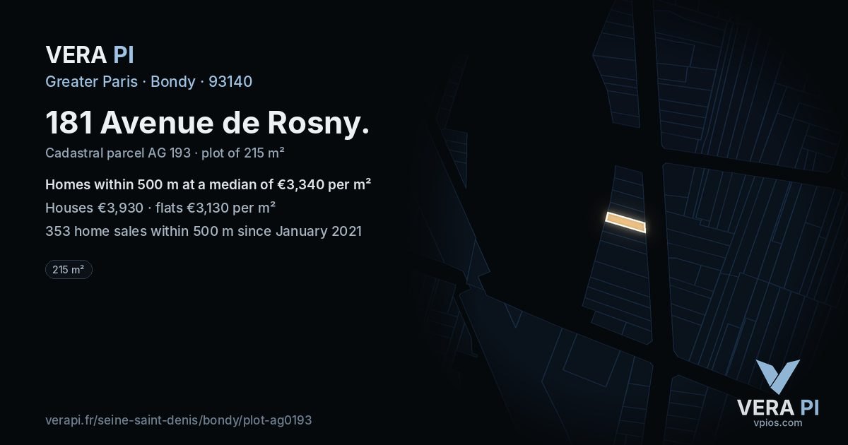 181 Avenue de Rosny, Bondy at night – the plot lit, the parcels around coloured by the prices near them